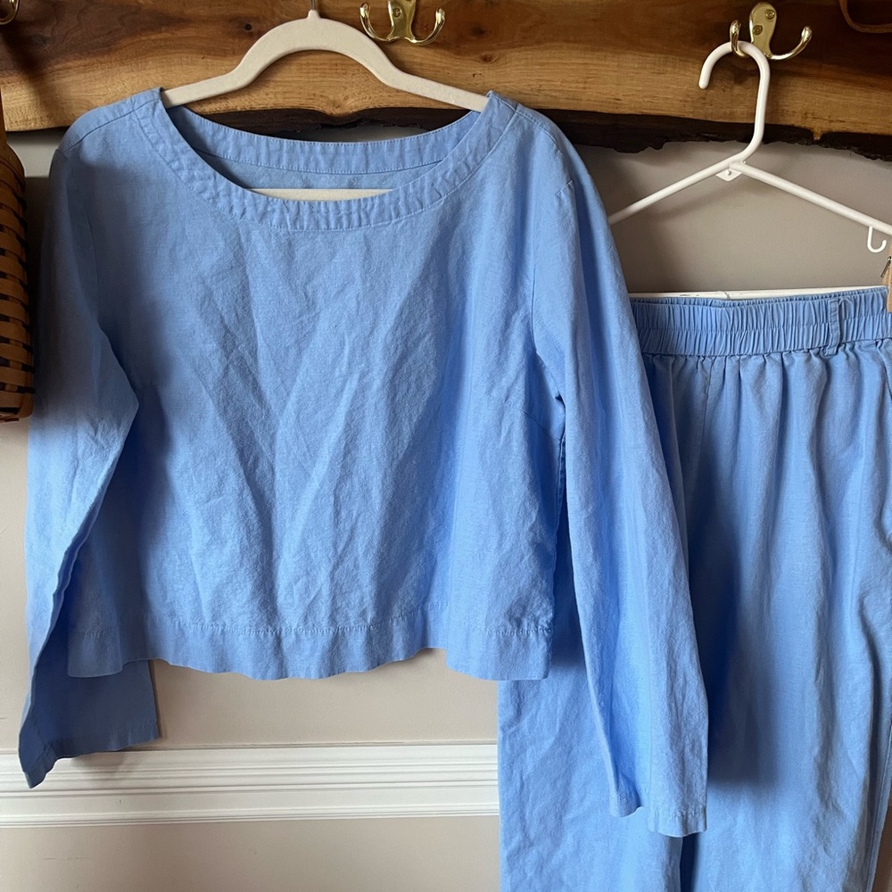 Vintage Linen Cotton Cornflower Blue High Rise Pants Top Blouse Shirt Set M - Picture 3 of 8